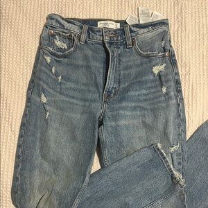 Abercrombie & Fitch Blue Straight Leg Jeans with Distressed Details